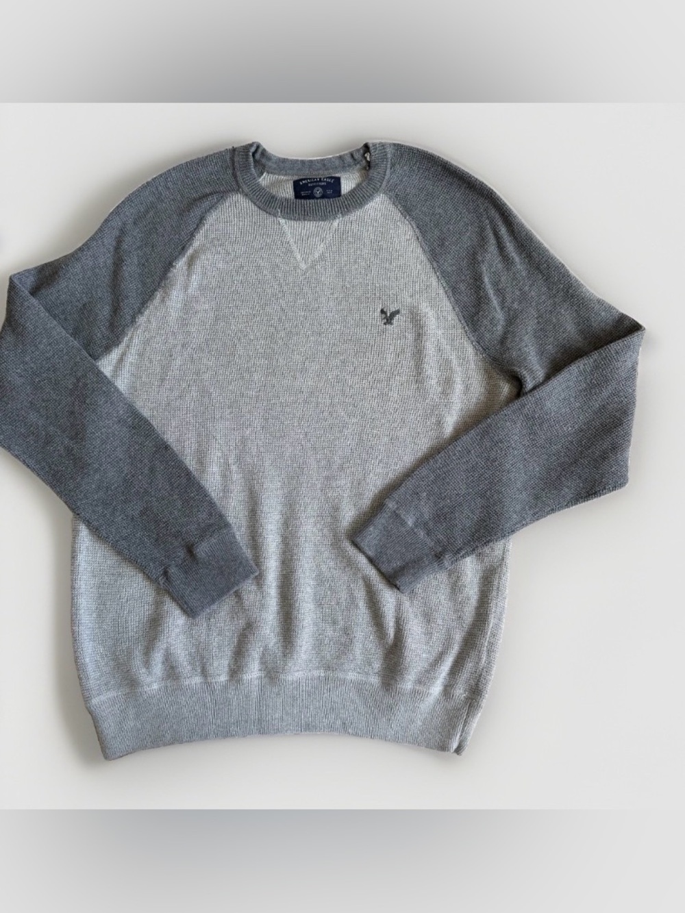 American Eagle Men XL Sweater Y2K Grey Thermal Waffle Knit Raglan 100% Cotton